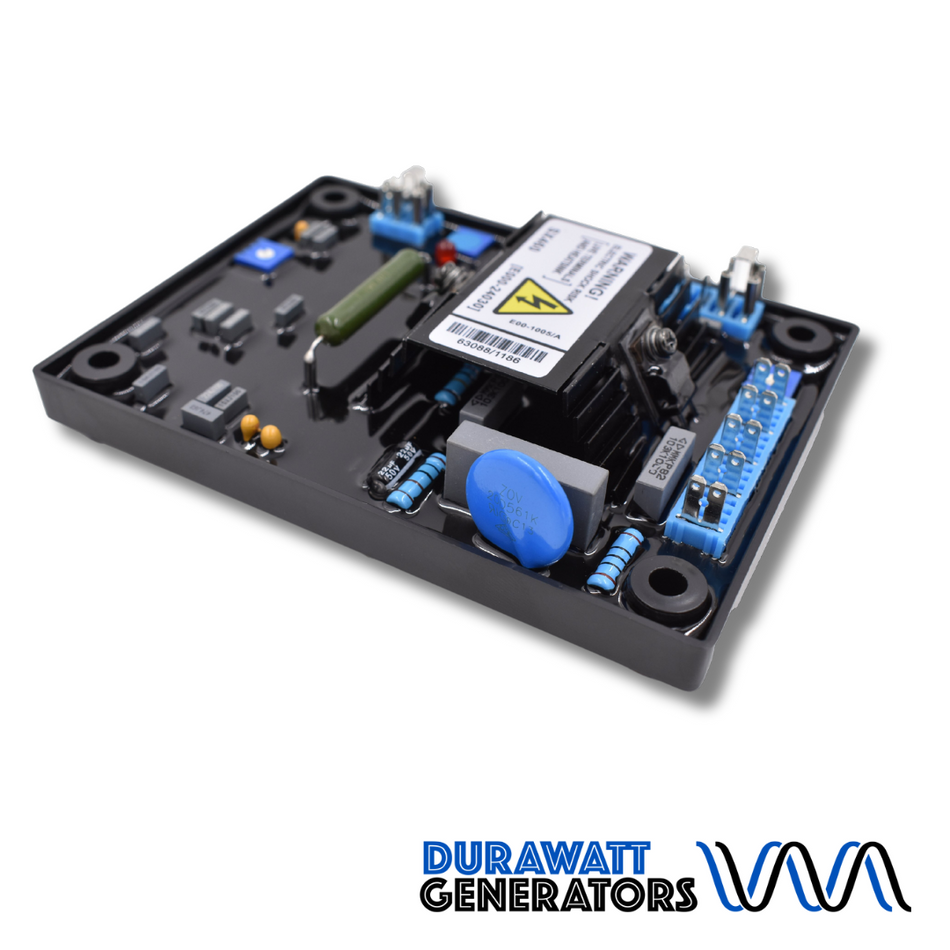 Blue and black generator regulator with warning decal on white background