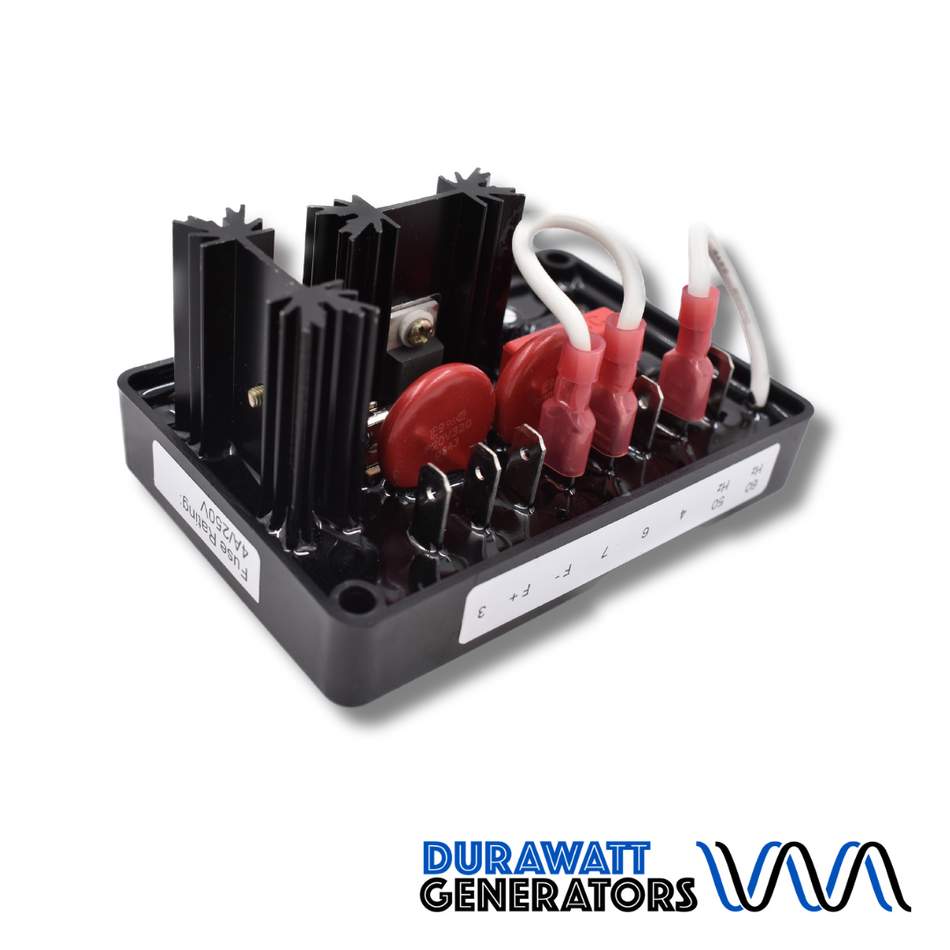 Black and red generator regulator with white stickers on white background