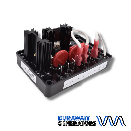 Black and red generator regulator with white stickers on white background 